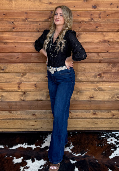 Rustic Floral Eyelet Bodysuit *Black