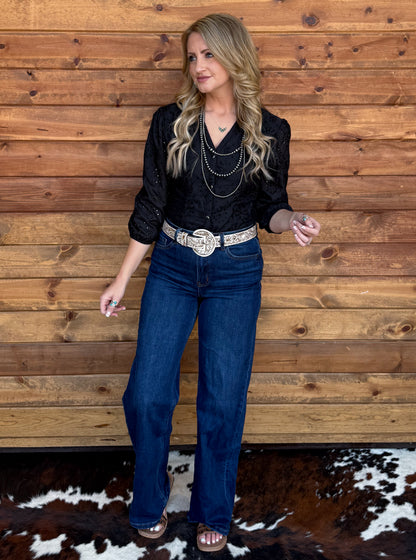 Rustic Floral Eyelet Bodysuit *Black