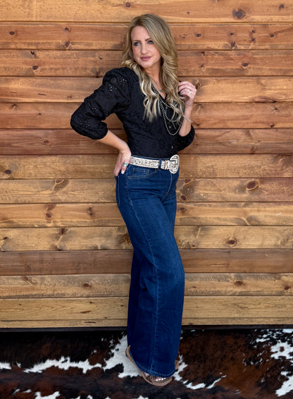 Rustic Floral Eyelet Bodysuit *Black