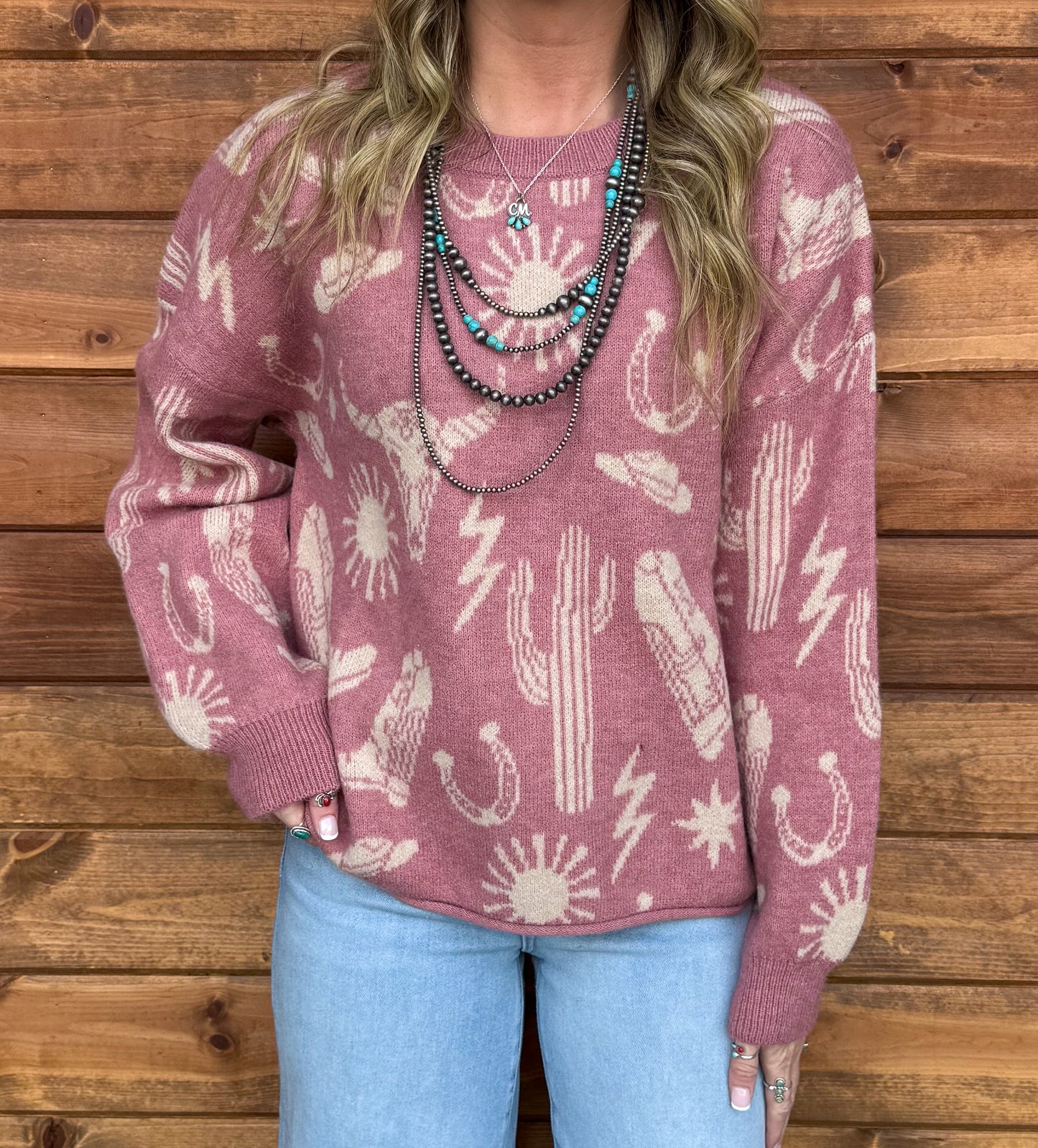 Southern Cowboy Collage Sweater *Mauve