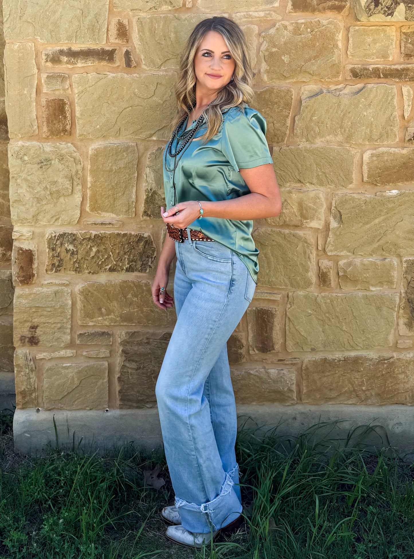 Satin Arrow Button-Up Top