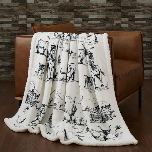 Ranch Life Western Toile Sherpa Throw Blanket *B&W