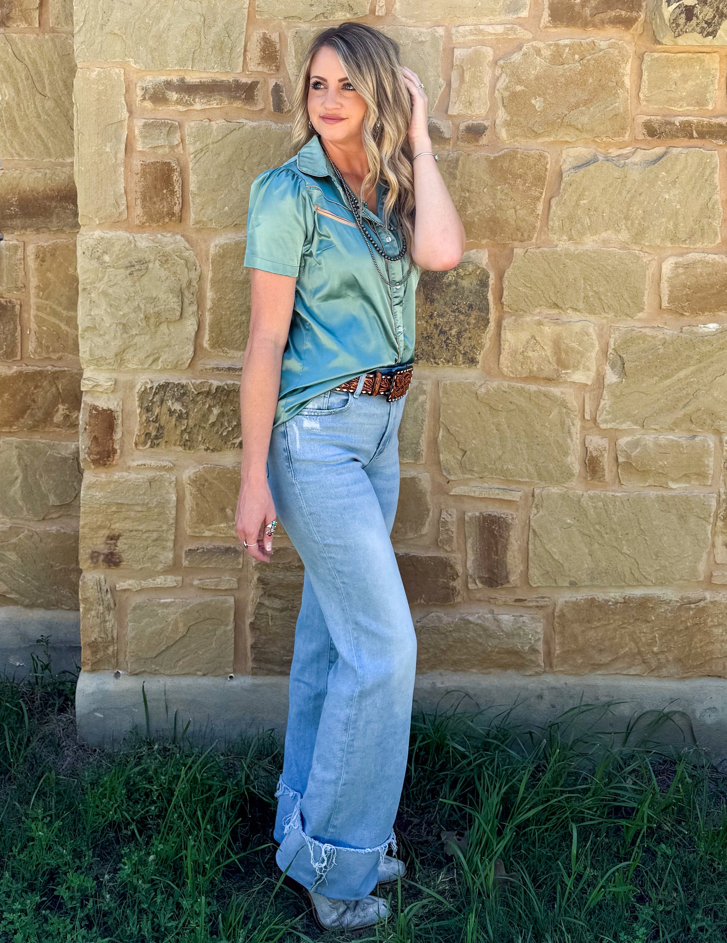 Satin Arrow Button-Up Top