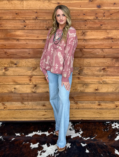 Southern Cowboy Collage Sweater *Mauve
