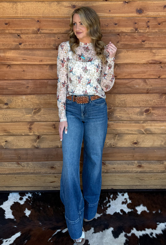 Floral Cowboy Mesh Top