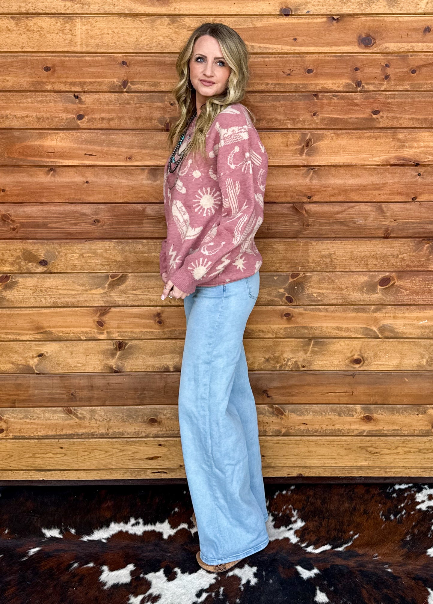 Southern Cowboy Collage Sweater *Mauve