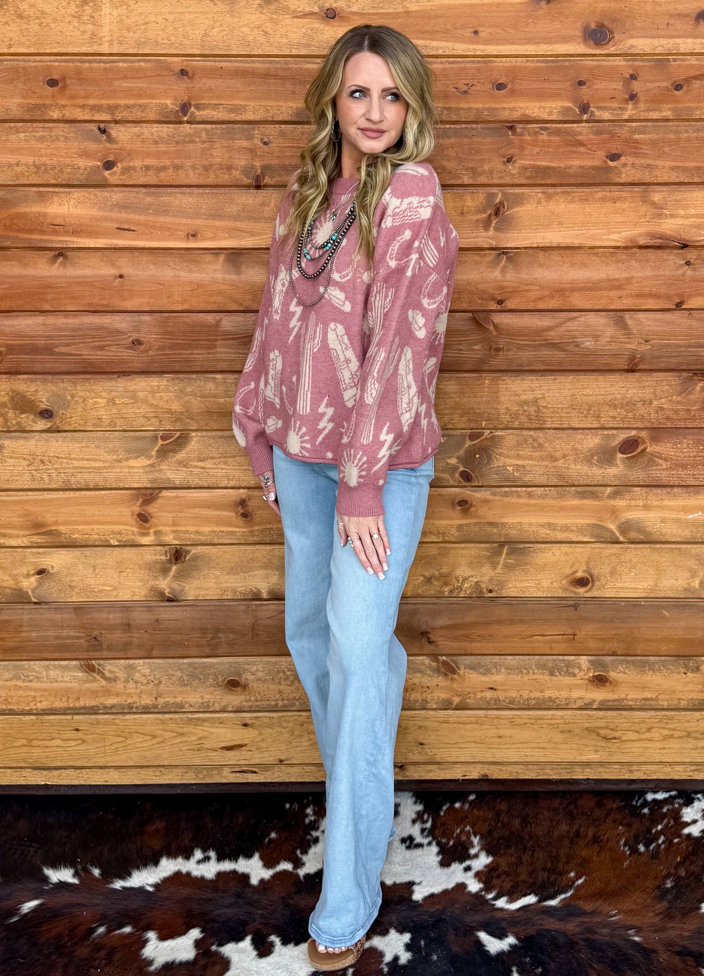 Southern Cowboy Collage Sweater *Mauve