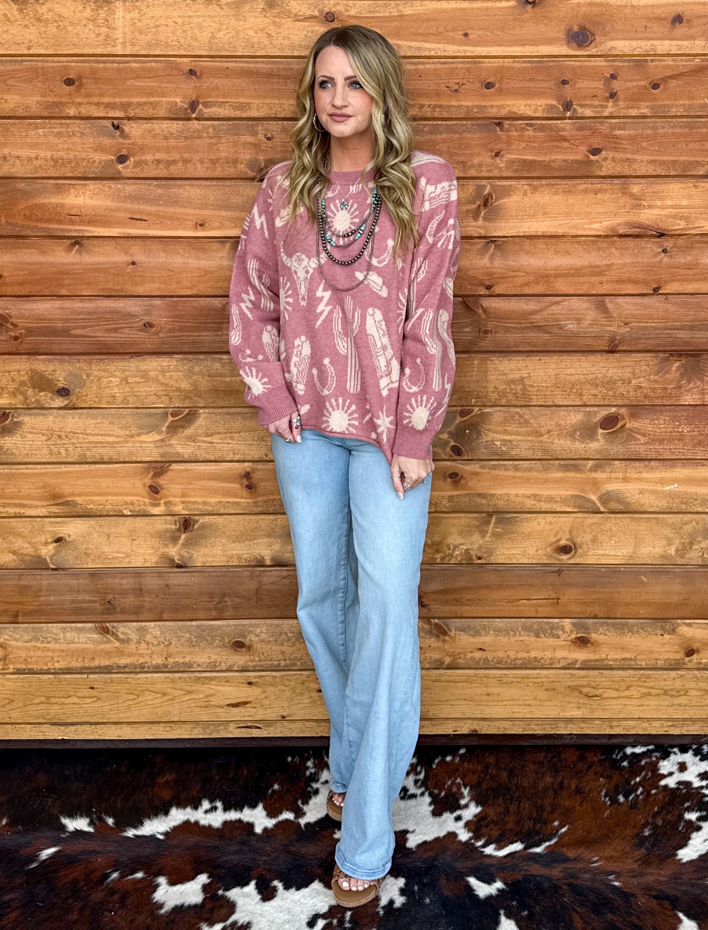 Southern Cowboy Collage Sweater *Mauve