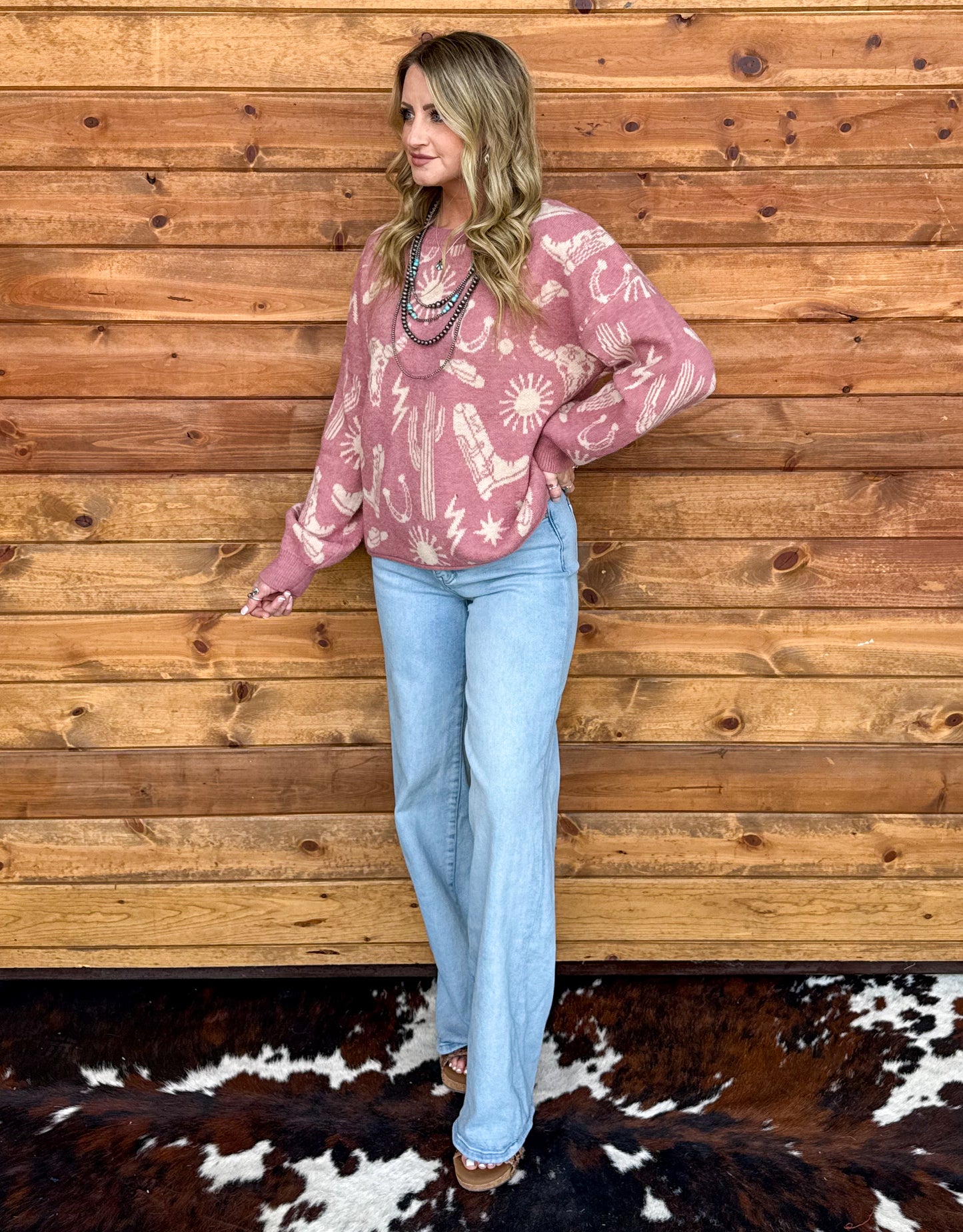 Southern Cowboy Collage Sweater *Mauve