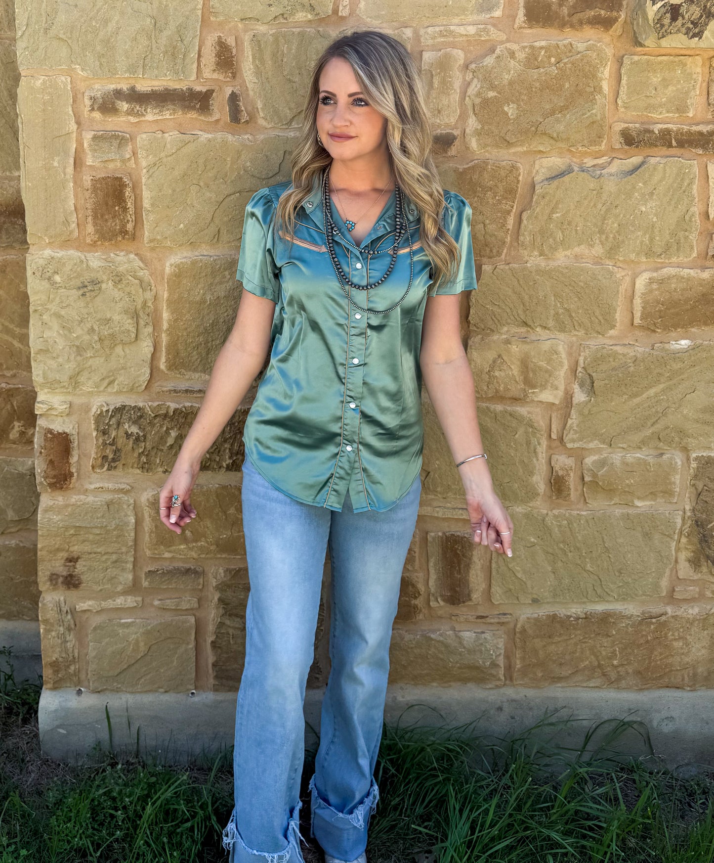 Satin Arrow Button-Up Top