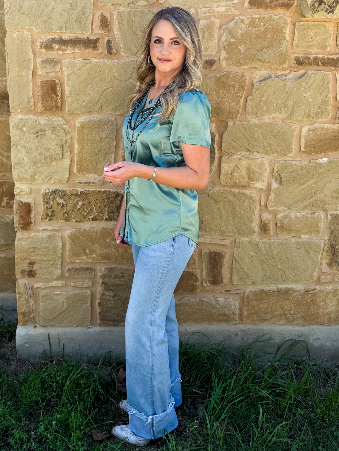 Satin Arrow Button-Up Top