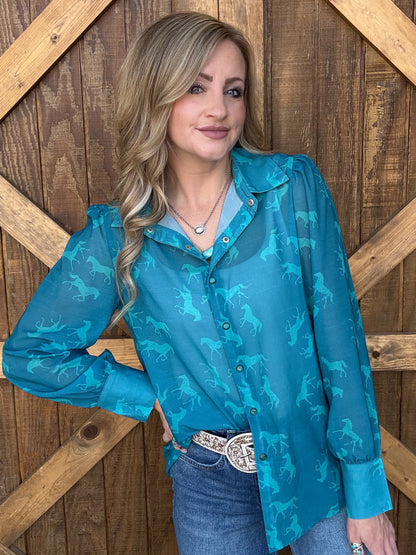 Turquoise Horse Pearl Snap Top