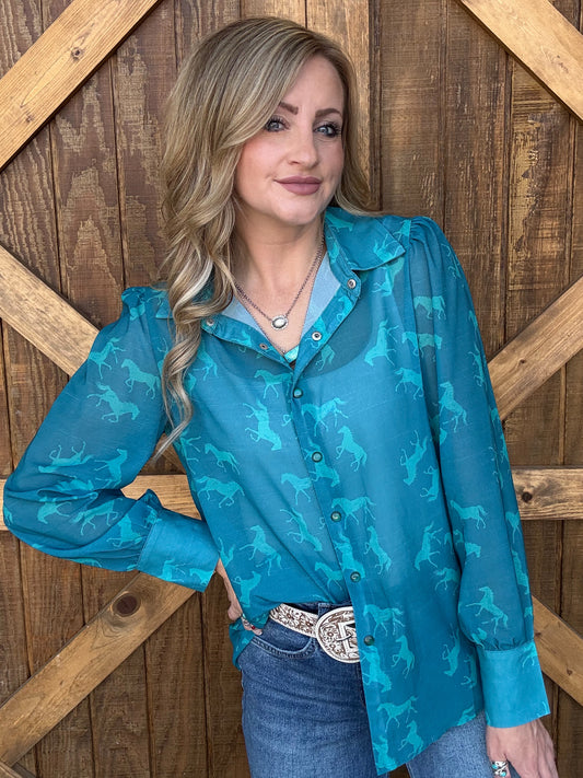 Turquoise Horse Pearl Snap Top