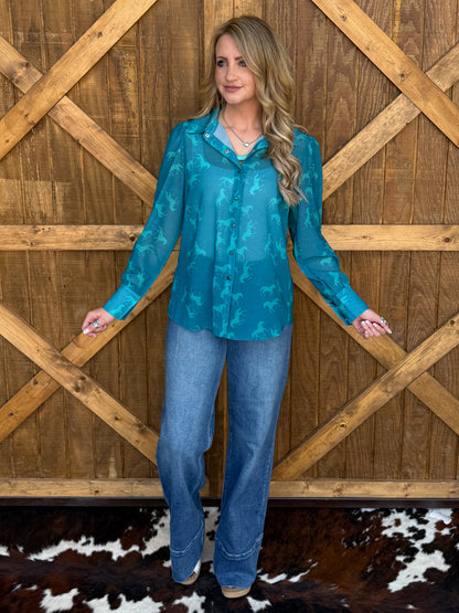 Turquoise Horse Pearl Snap Top
