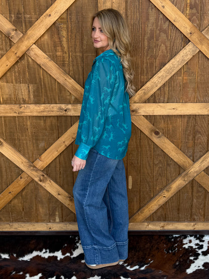 Turquoise Horse Pearl Snap Top