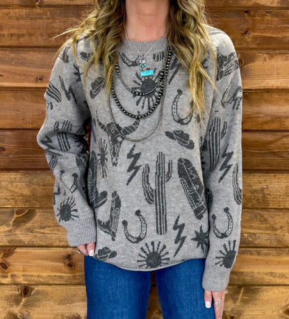 Southern Cowboy Collage Sweater *Grey