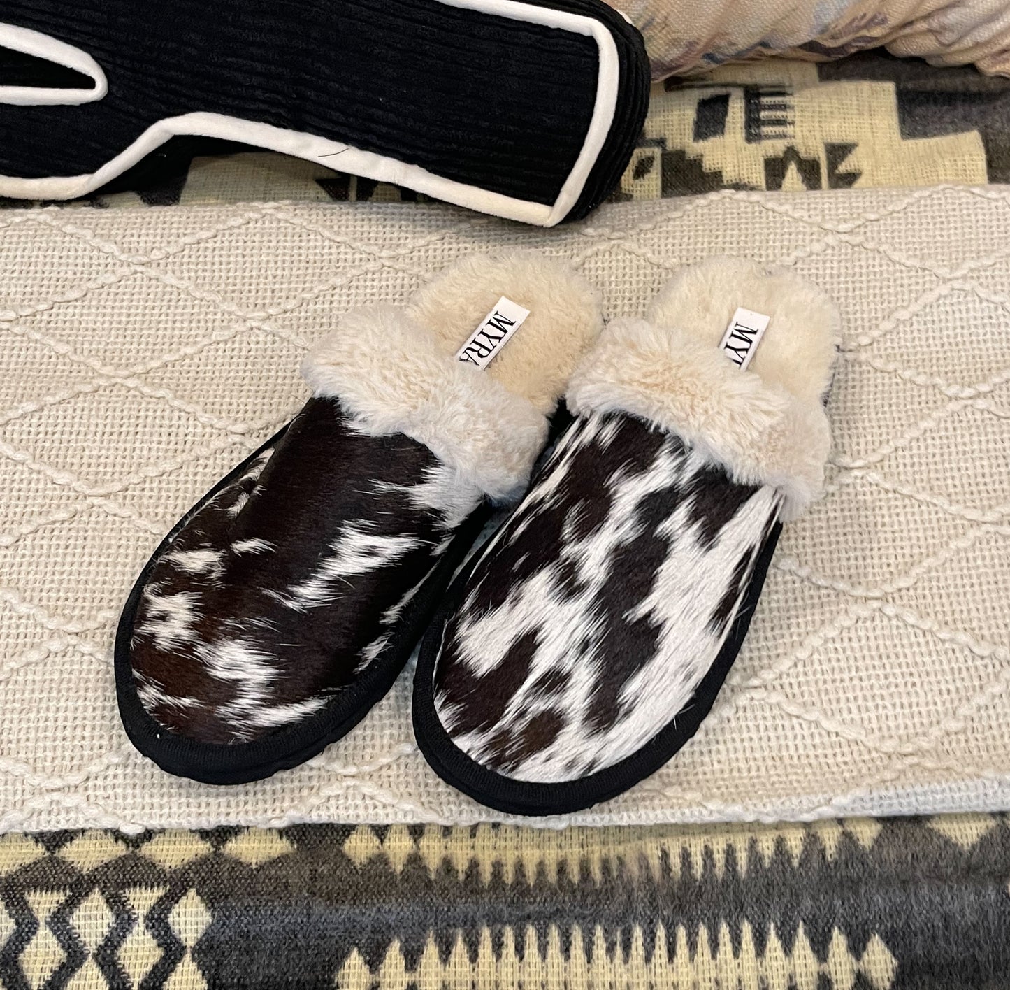 Cowhide Myra Slippers {Black & White}