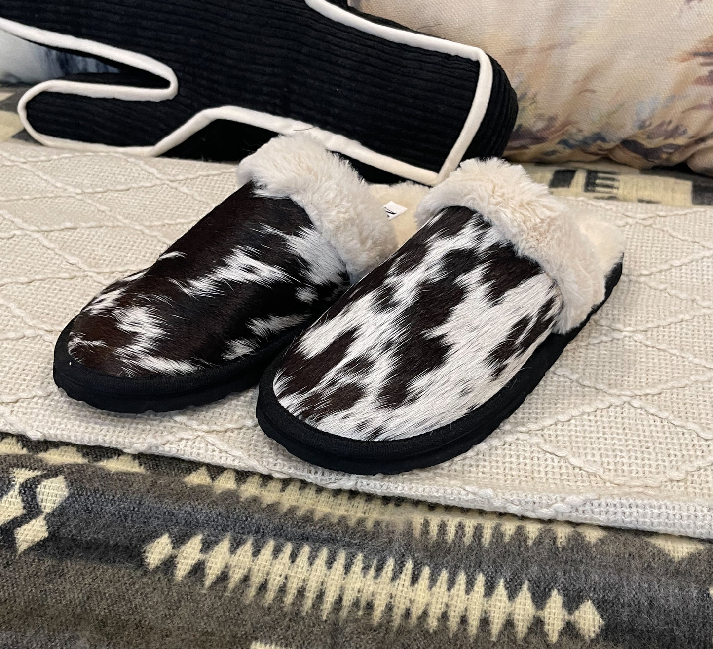 Cowhide Myra Slippers {Black & White}