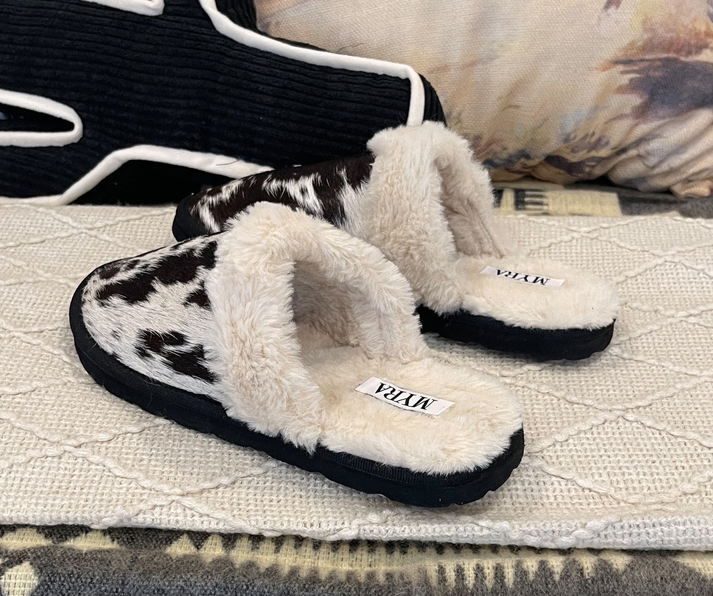 Cowhide Myra Slippers {Black & White}