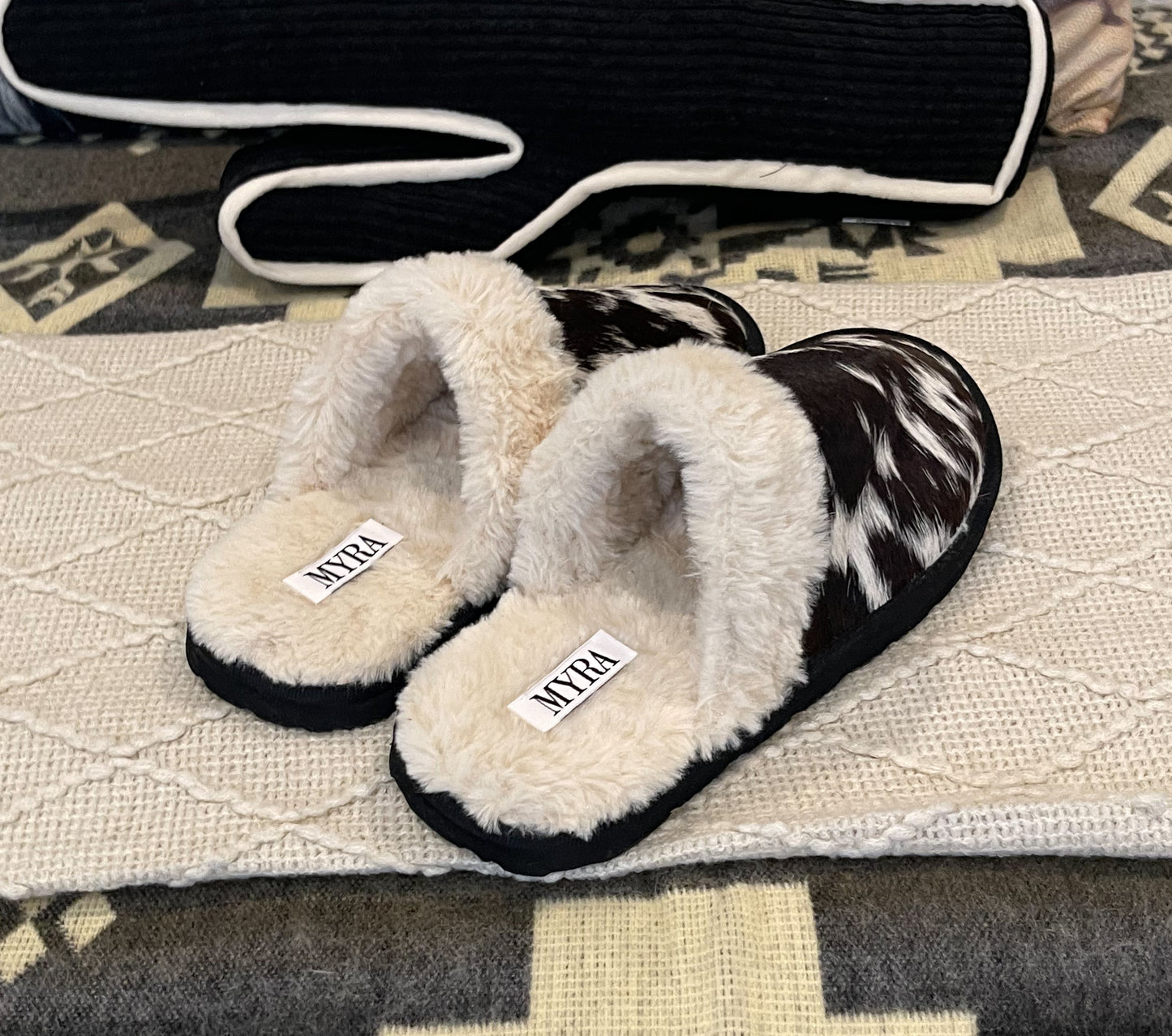 Cowhide Myra Slippers {Black & White}