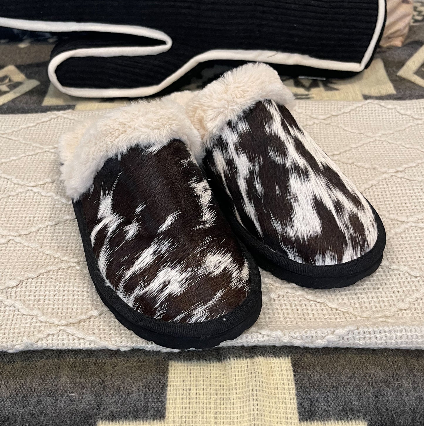 Cowhide Myra Slippers {Black & White}