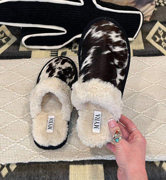 Cowhide Myra Slippers {Black & White}