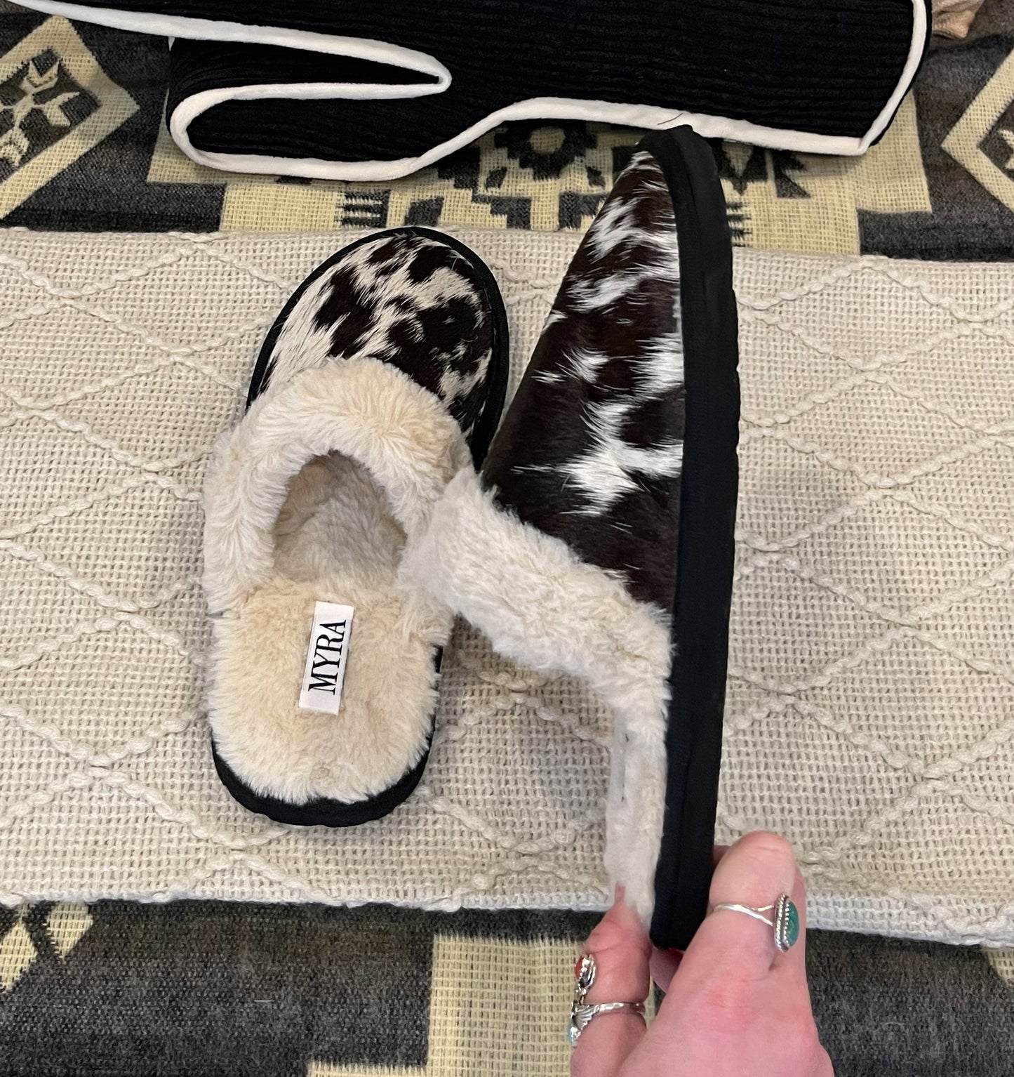 Cowhide Myra Slippers {Black & White}