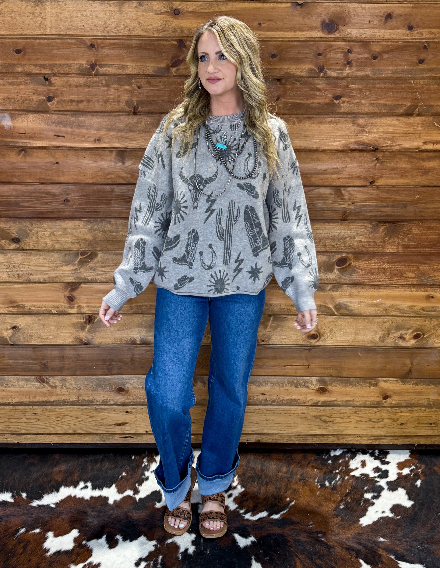 Southern Cowboy Collage Sweater *Grey