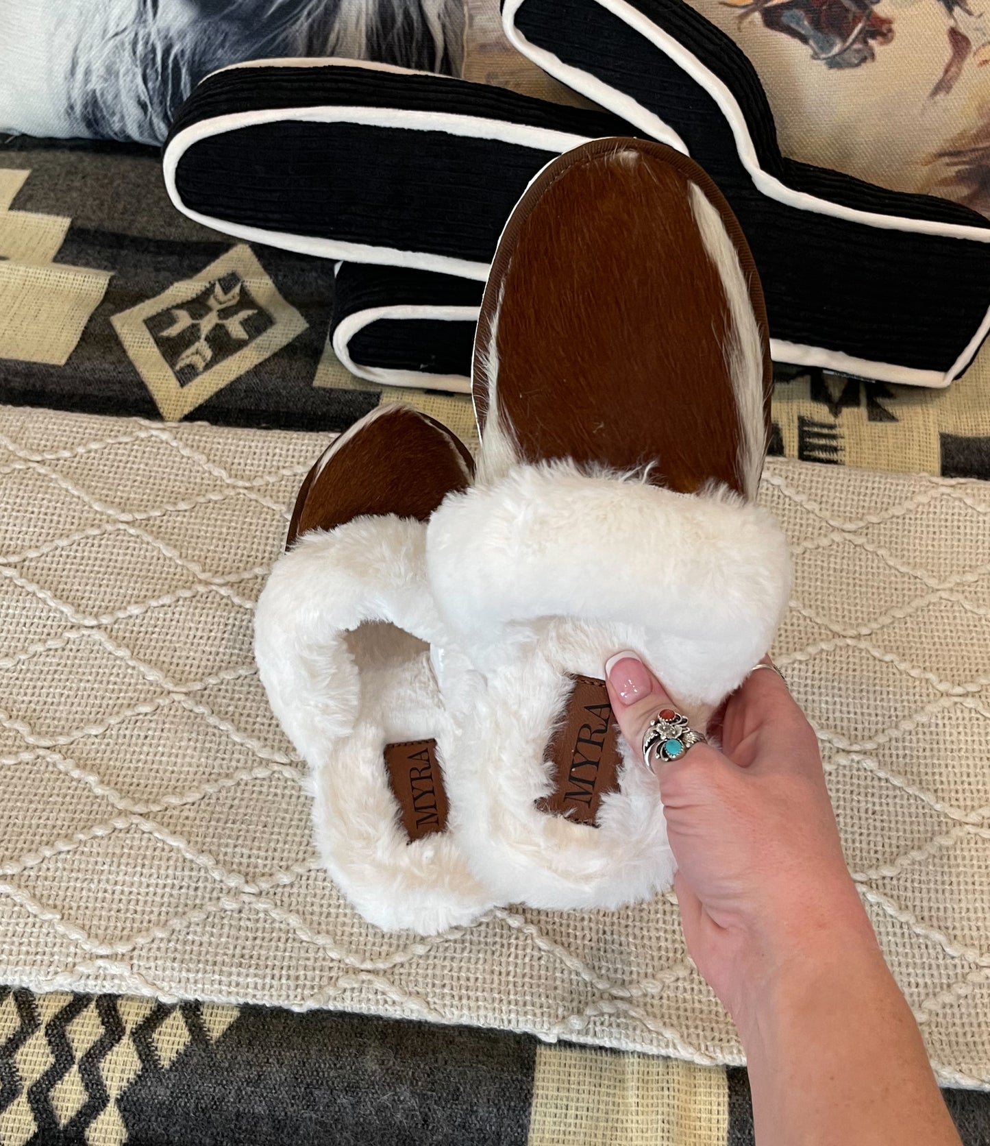 Cowhide Myra Slippers {Brown & White}