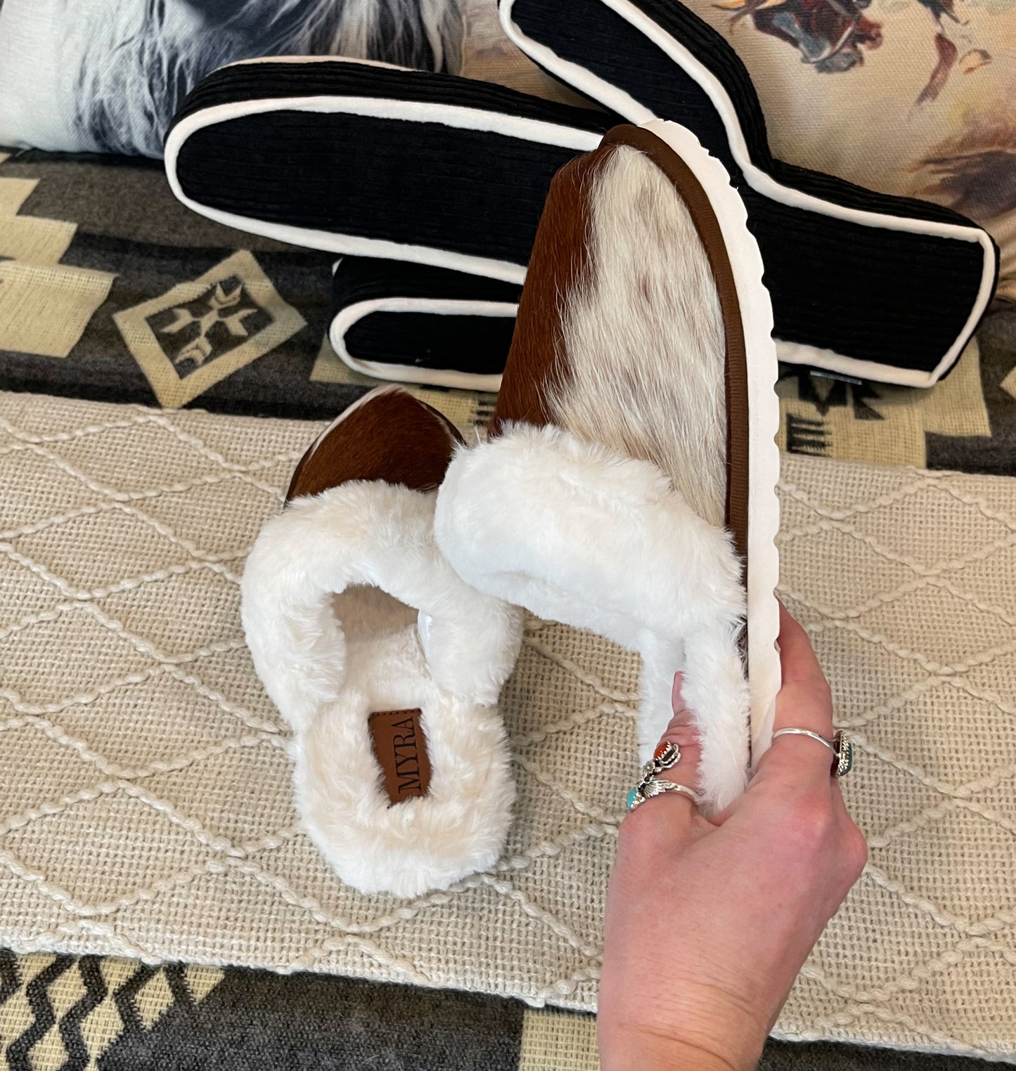 Cowhide Myra Slippers {Brown & White}