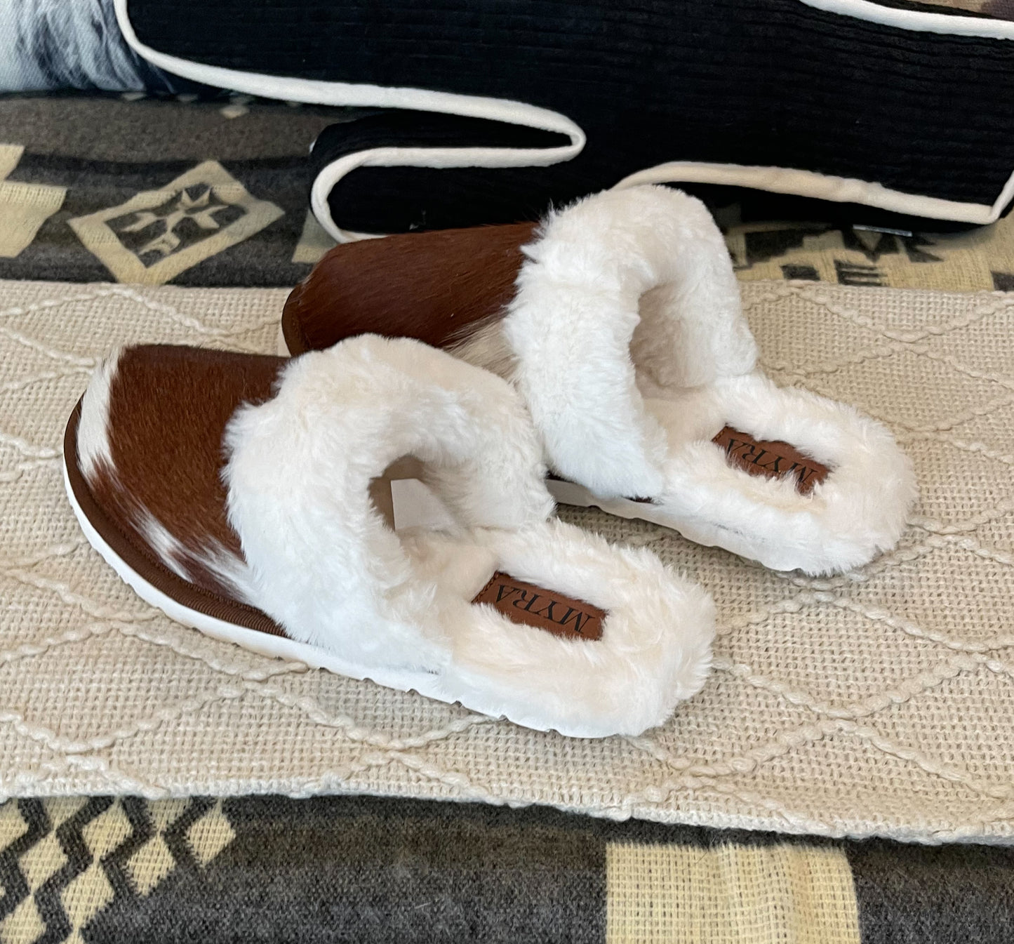 Cowhide Myra Slippers {Brown & White}