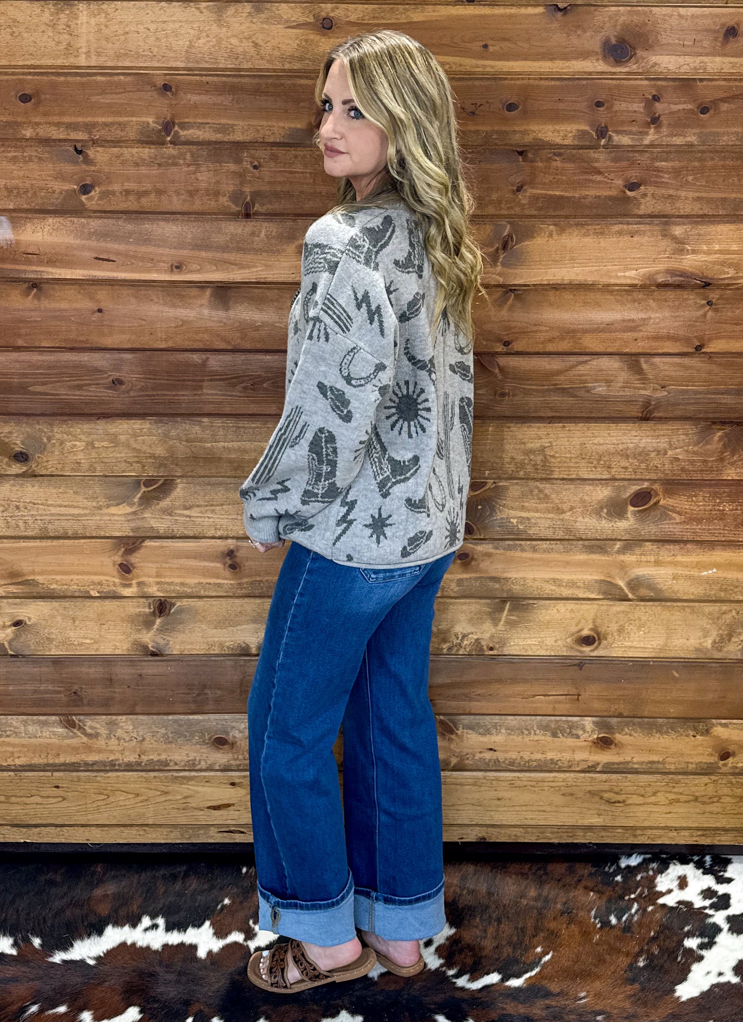 Southern Cowboy Collage Sweater *Grey