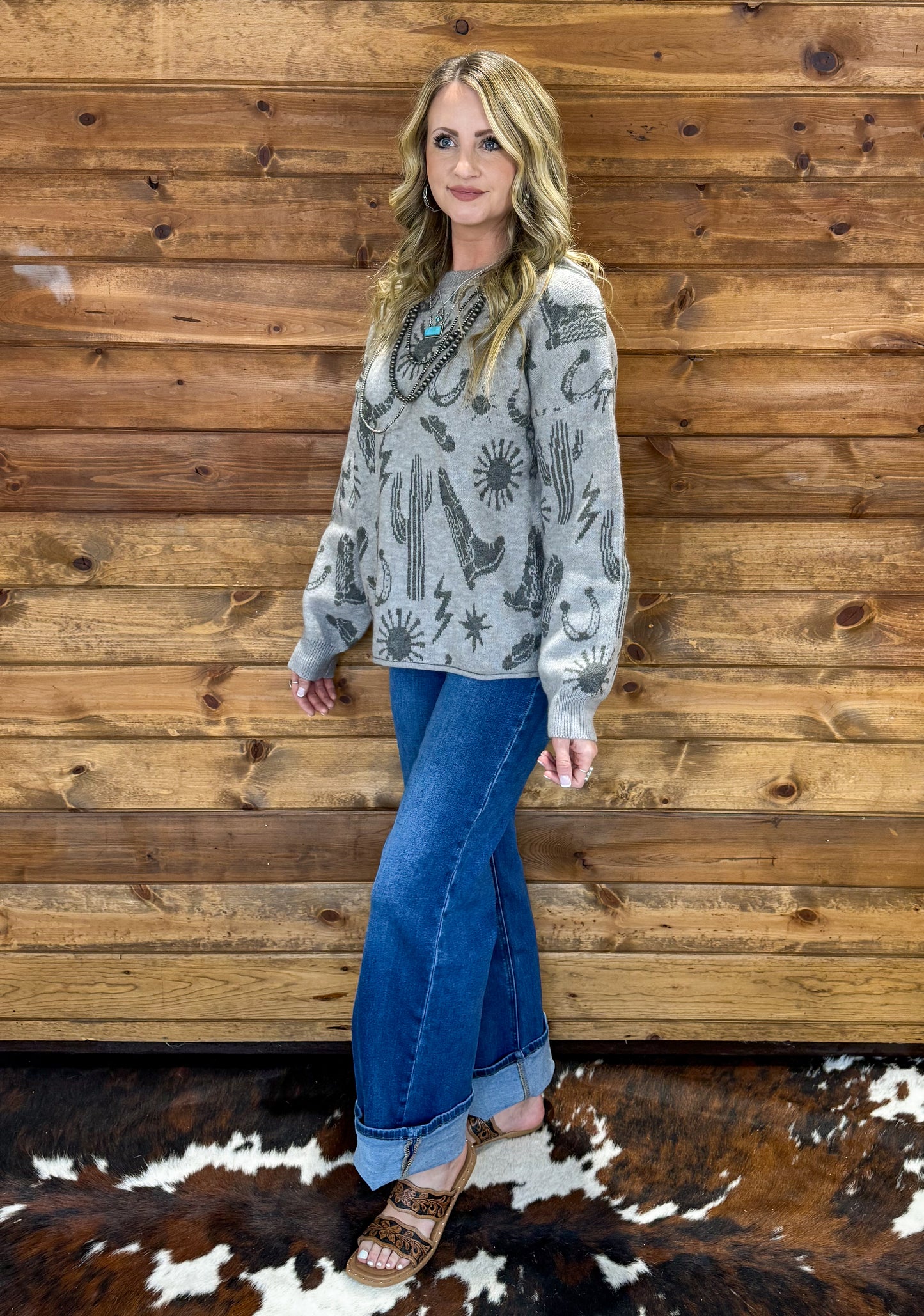 Southern Cowboy Collage Sweater *Grey