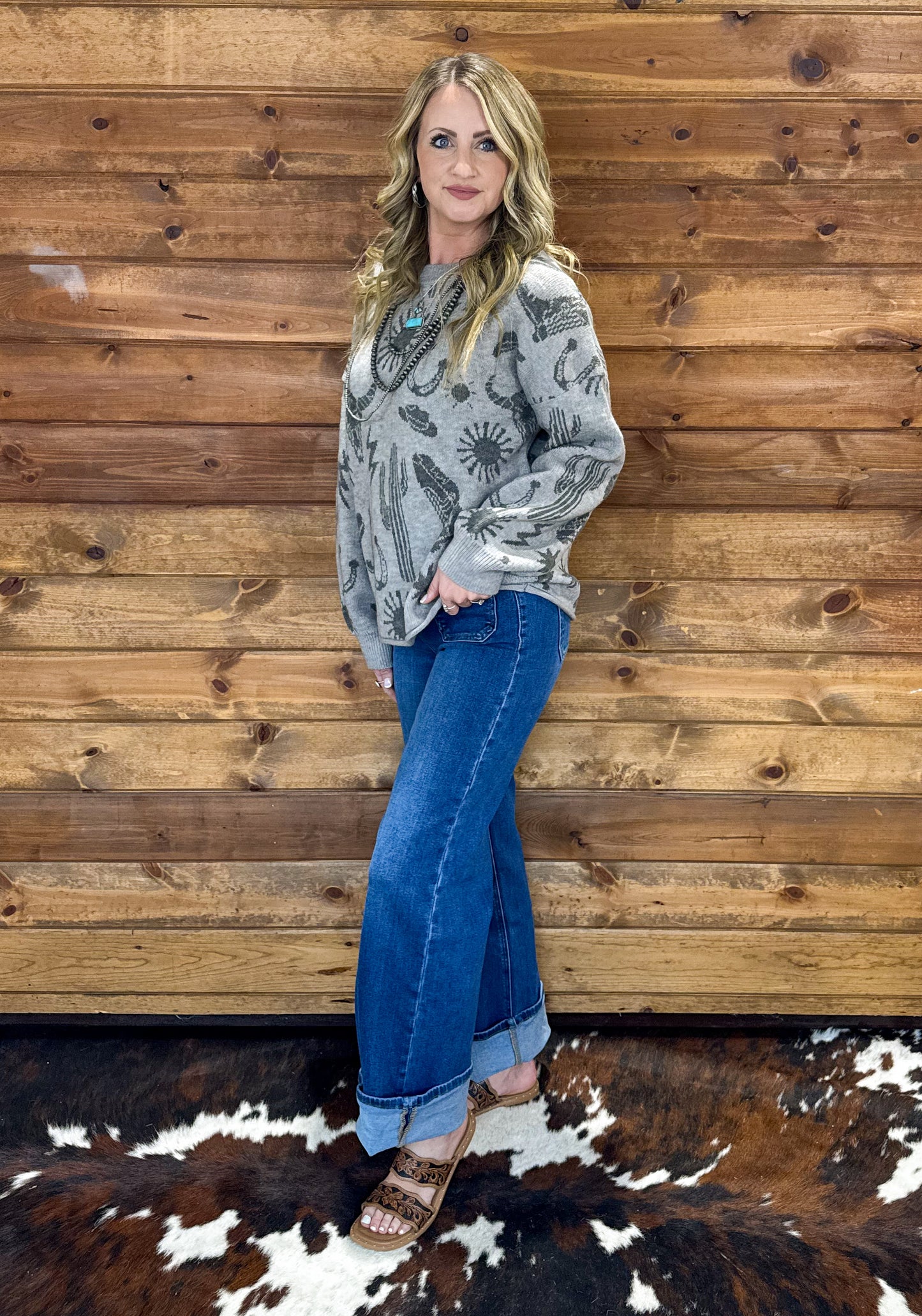 Southern Cowboy Collage Sweater *Grey