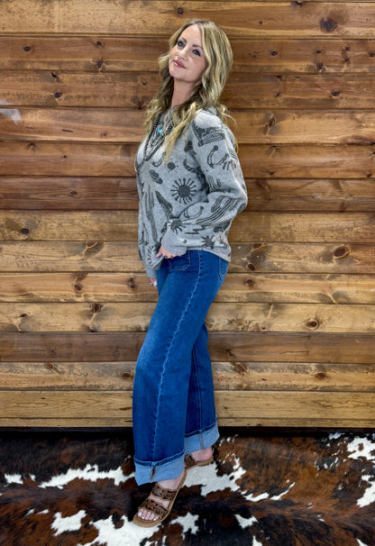 Southern Cowboy Collage Sweater *Grey