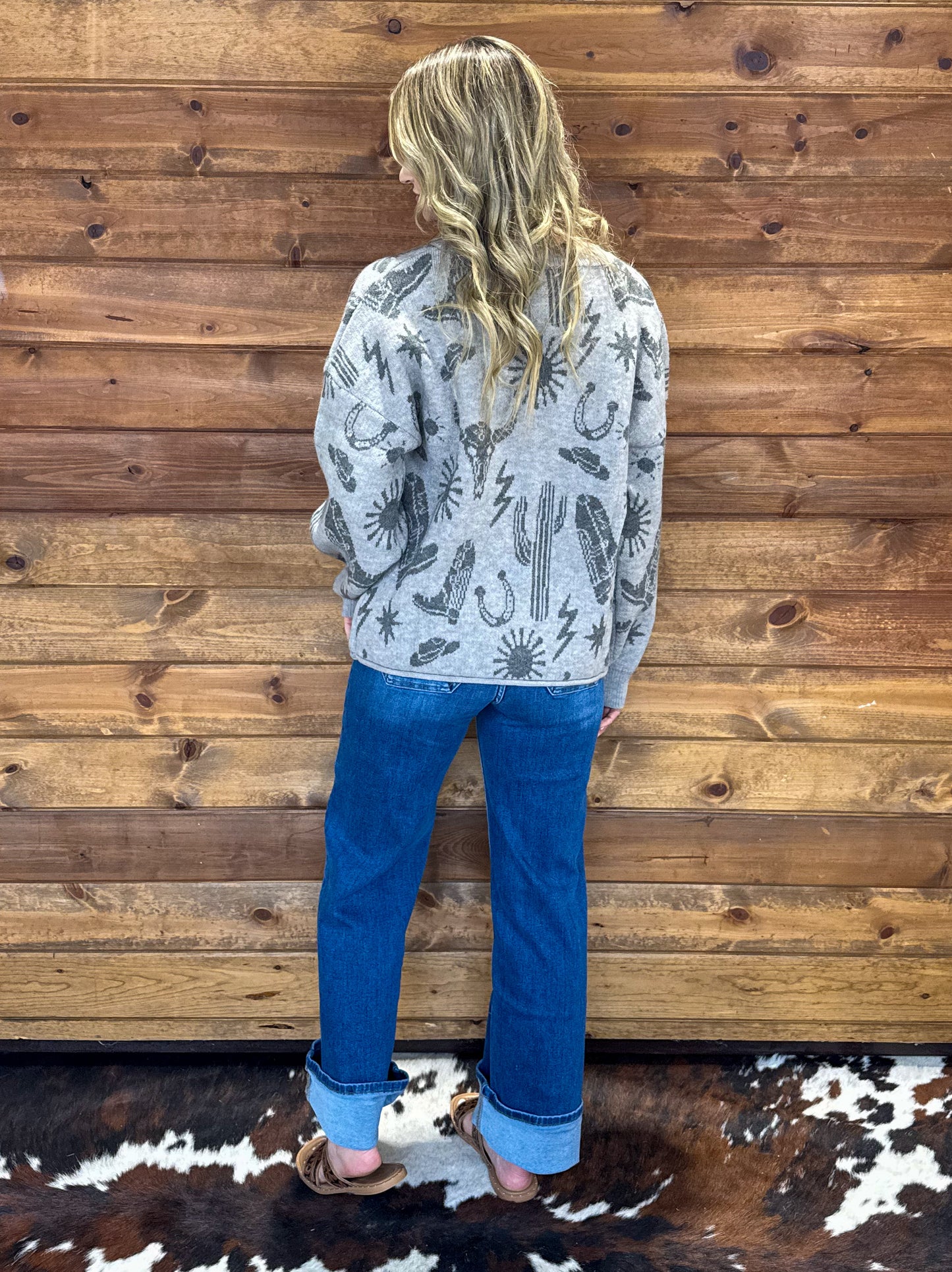 Southern Cowboy Collage Sweater *Grey