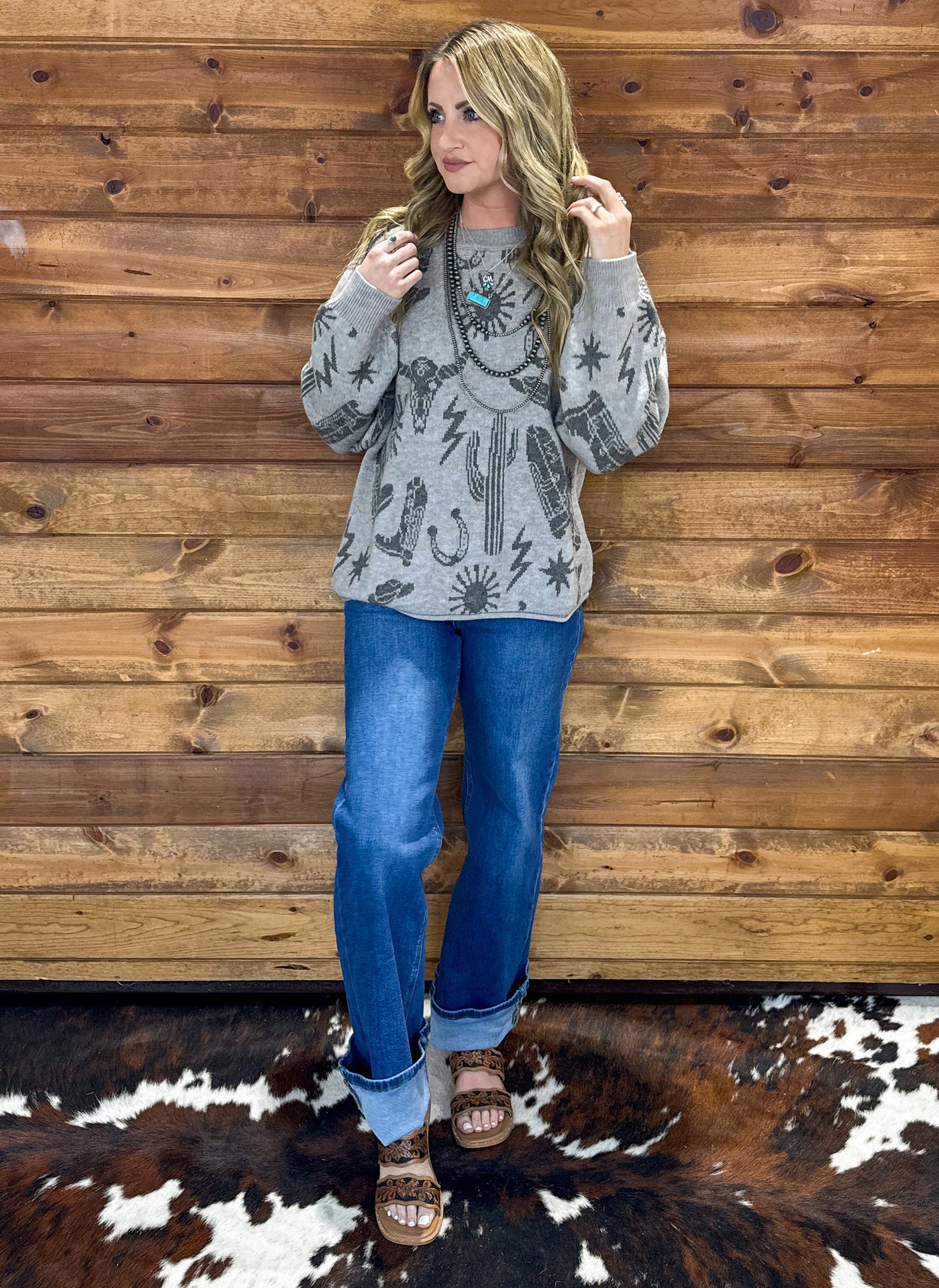 Southern Cowboy Collage Sweater *Grey