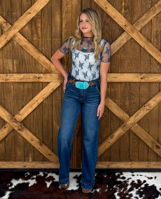 Floral Lace Mesh Top *Teal