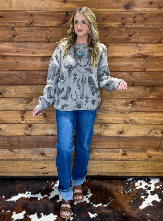 Southern Cowboy Collage Sweater *Grey