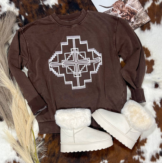 Western Puff Print Sweatshirt *Brown