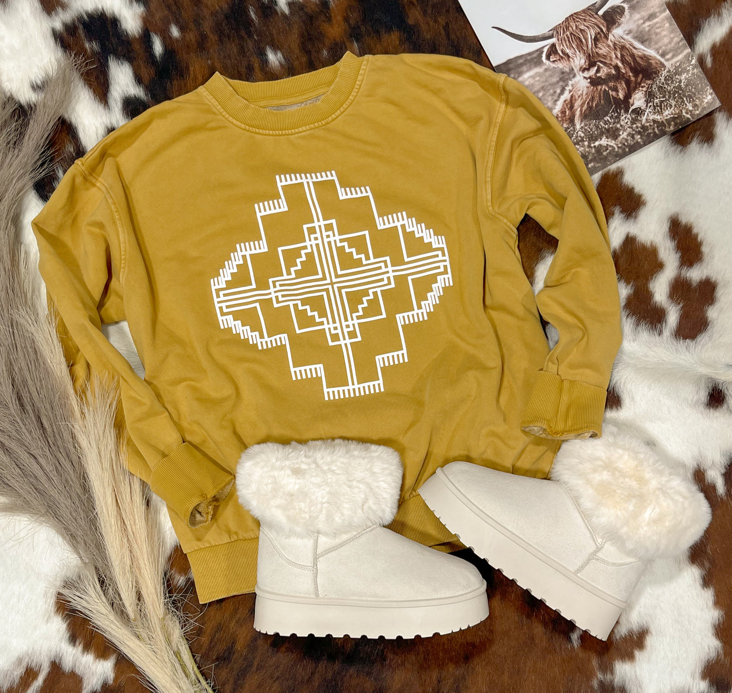 Western Puff Print Sweatshirt *Mustard