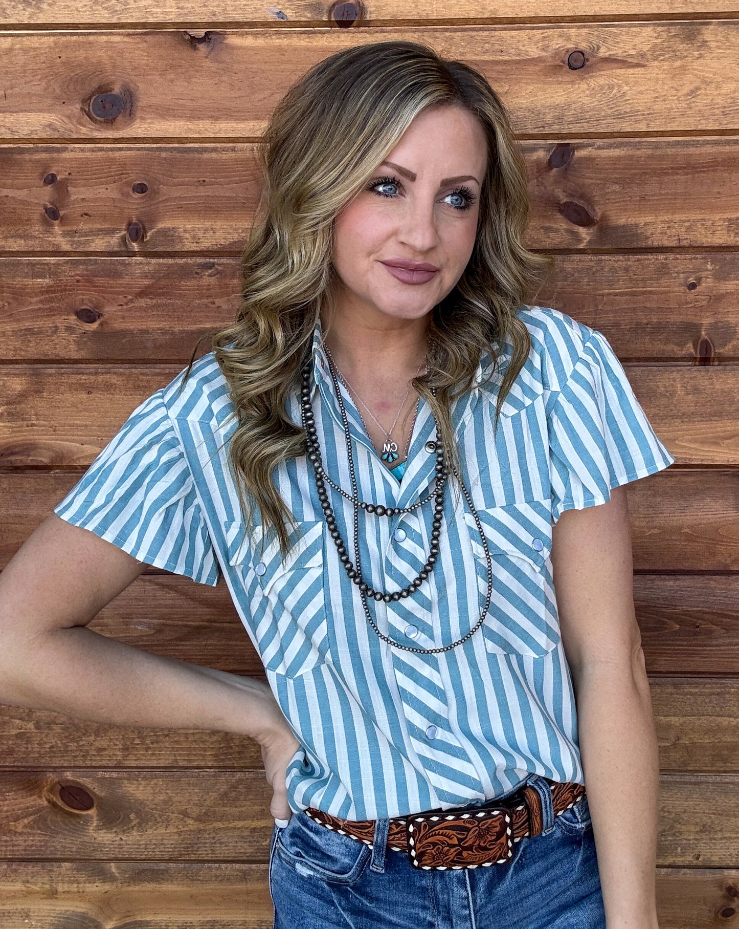 Denim Babe Striped Pearl Snap