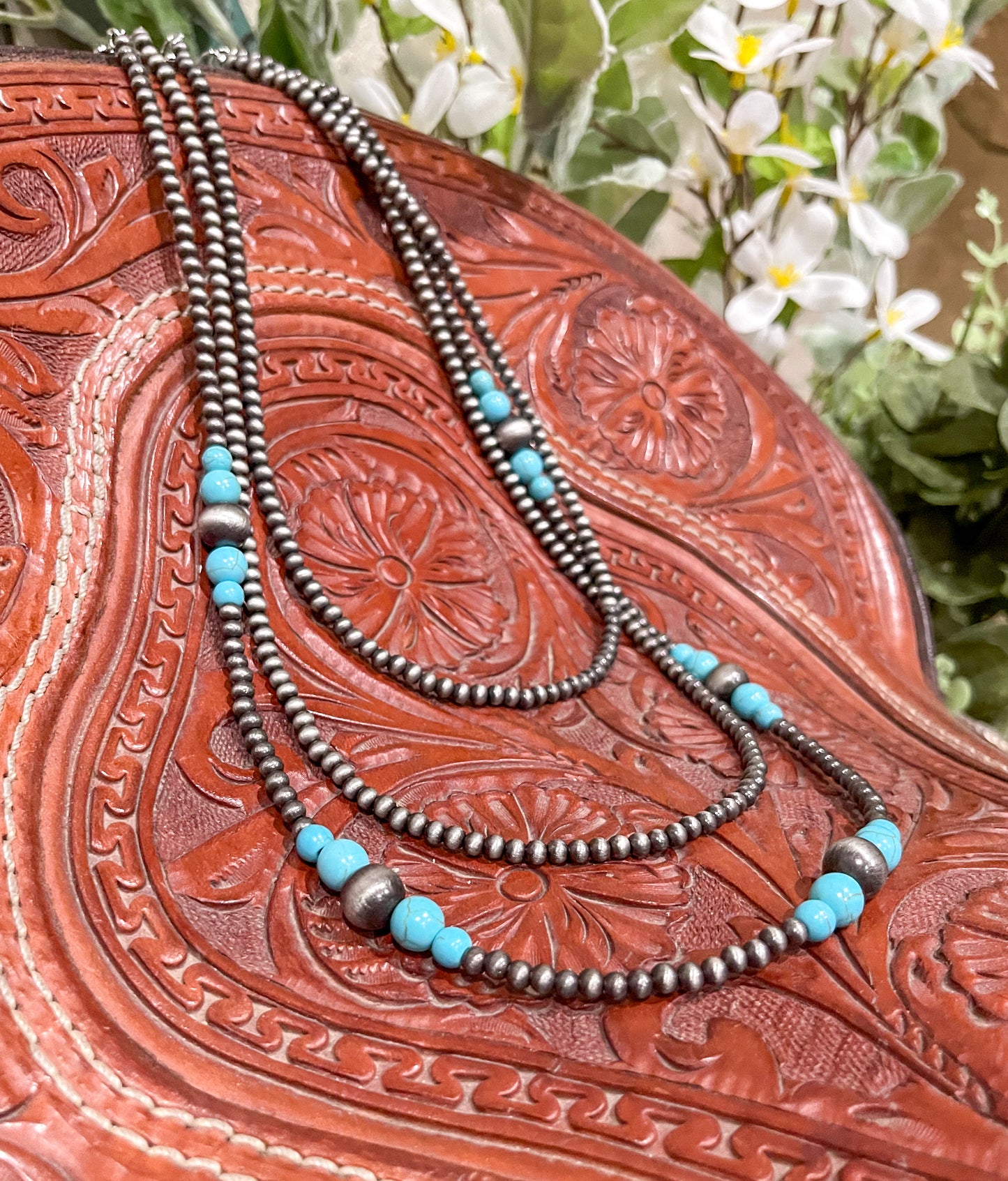 22” 3 Strand Turquoise & Navajo Pearl Faux Necklace