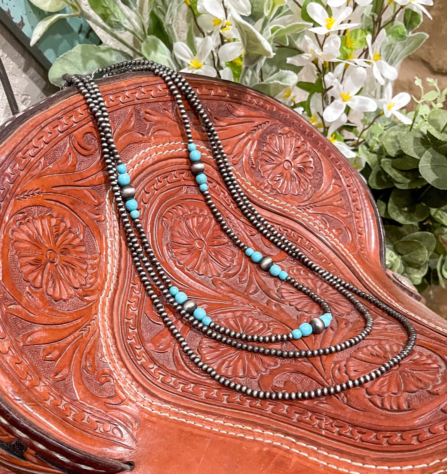 30” 3 Strand Navajo Pearl & Turquoise Faux Necklace