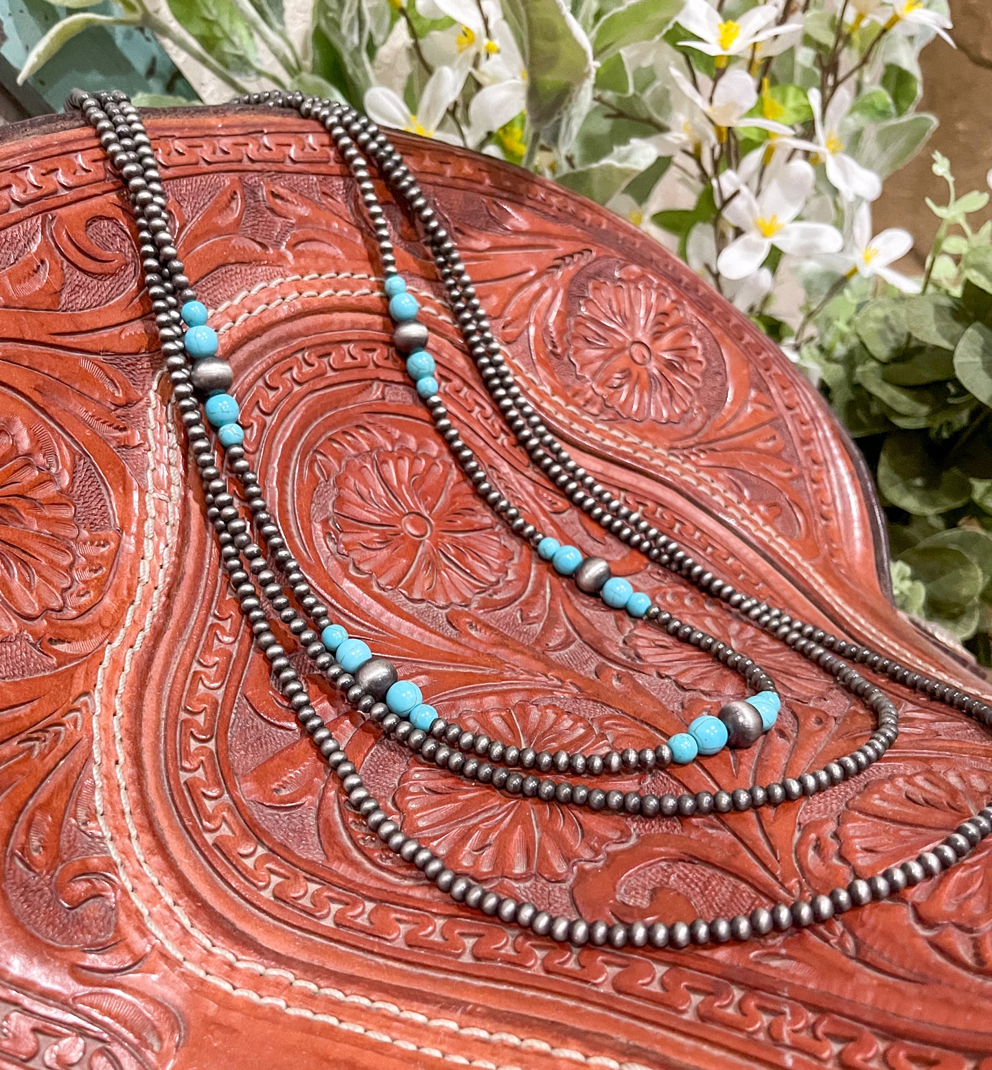 30” 3 Strand Navajo Pearl & Turquoise Faux Necklace