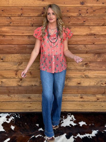 Coral Cactus Flutter Blouse