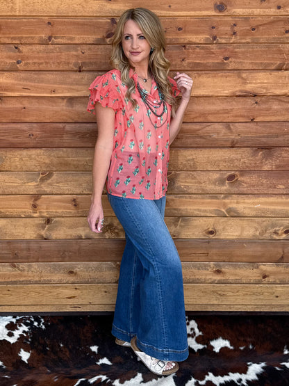 Coral Cactus Flutter Blouse