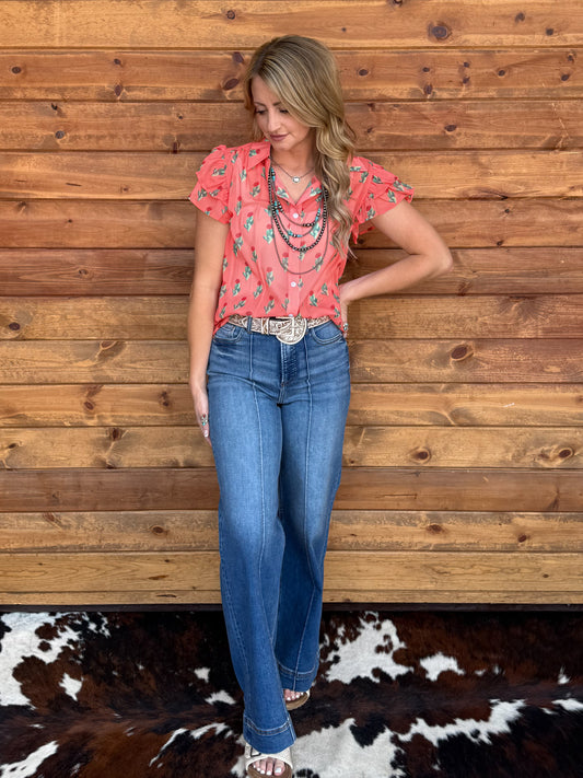 Coral Cactus Flutter Blouse