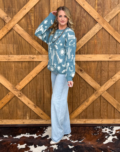 Southern Cowboy Collage Sweater *Sage