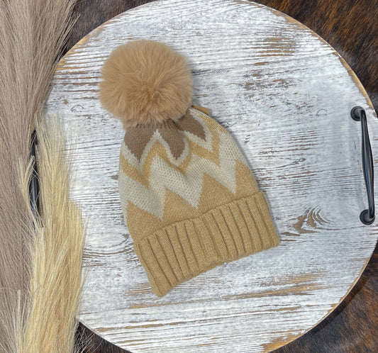 Khaki Zigzag Pom Beanie